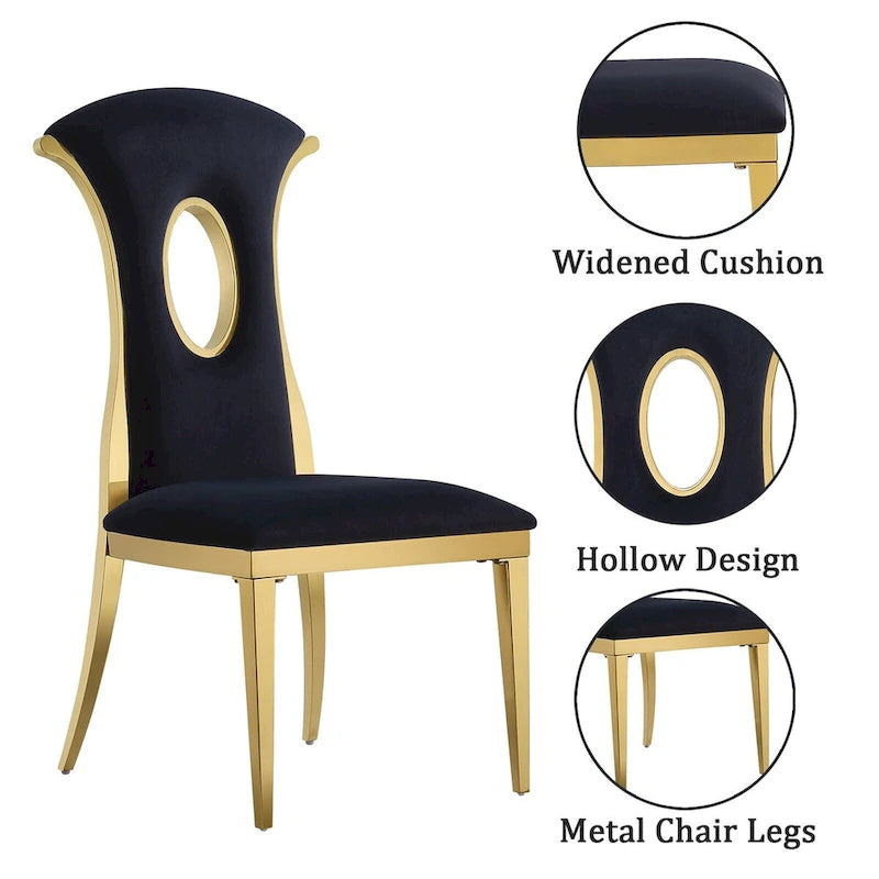 Black Velvet & Mirrored Gold Stainless Steel High-Back Dining Chair with Oval Cutout - Set of 2/4/6
