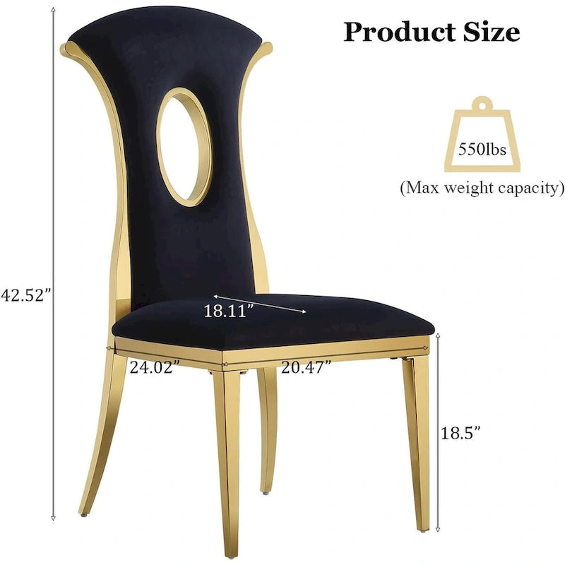 Black Velvet & Mirrored Gold Stainless Steel High-Back Dining Chair with Oval Cutout - Set of 2/4/6