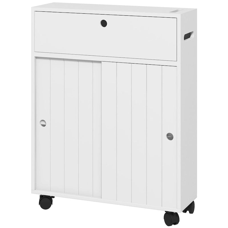 Painted Wood Slim Bathroom Storage Cabinet with Rolling Wheels & Paper Holes