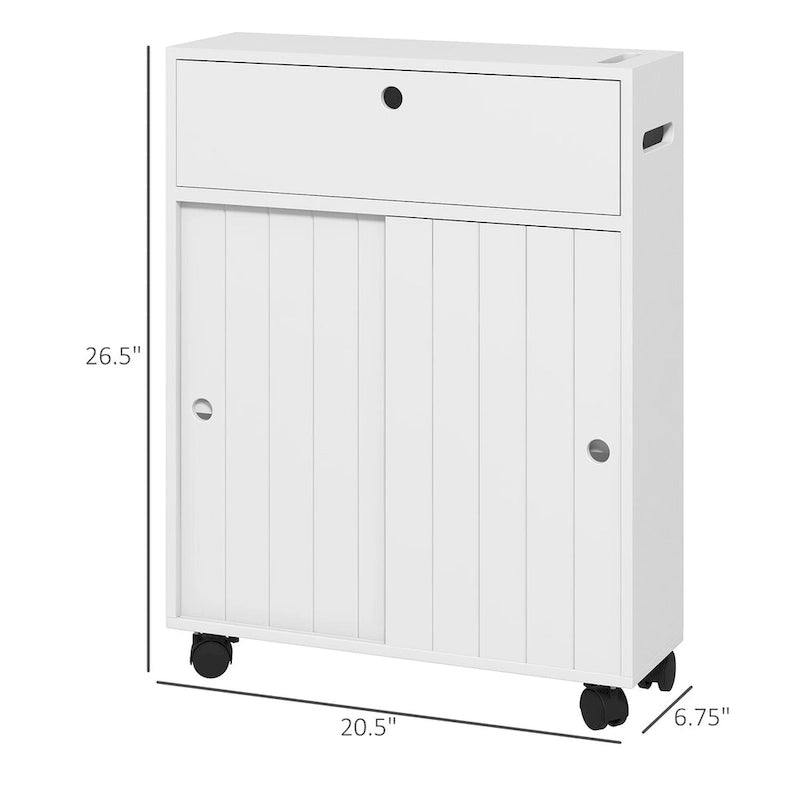 Painted Wood Slim Bathroom Storage Cabinet with Rolling Wheels & Paper Holes
