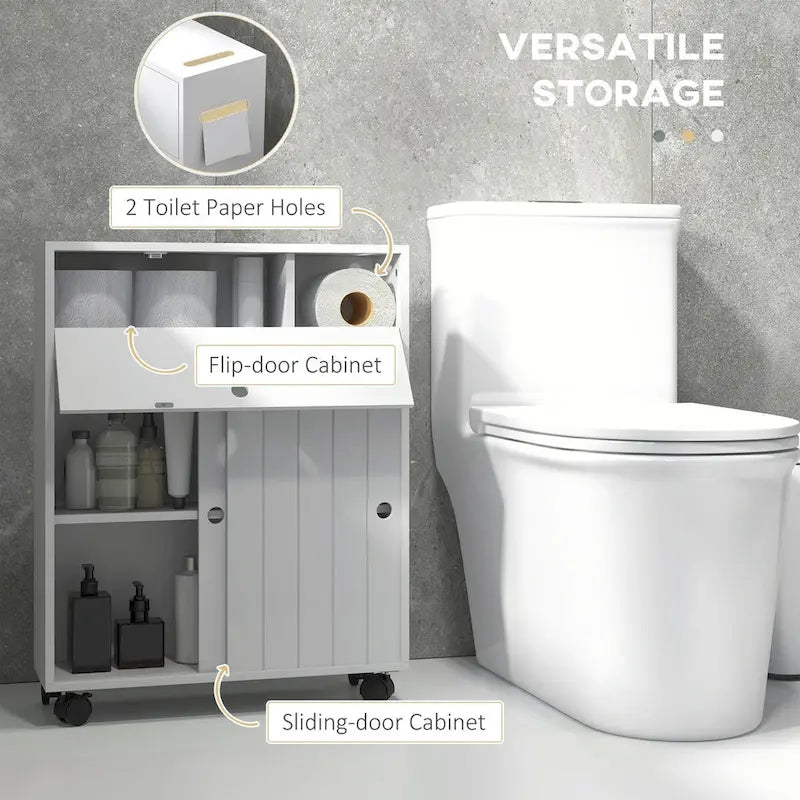 Painted Wood Slim Bathroom Storage Cabinet with Rolling Wheels & Paper Holes