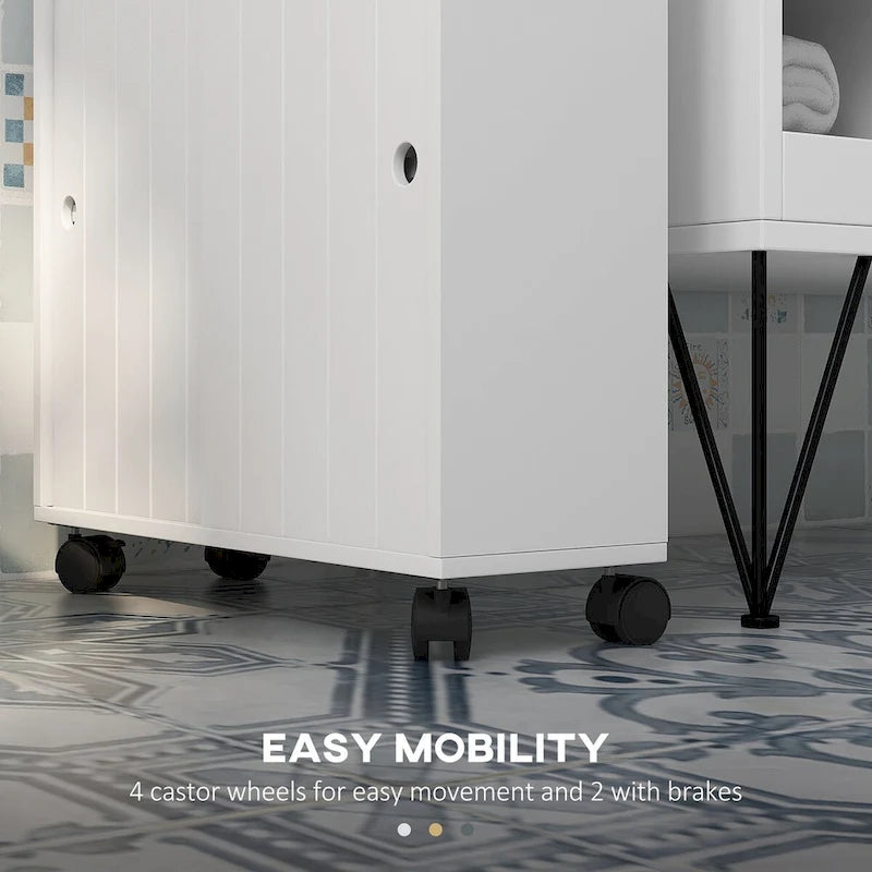 Painted Wood Slim Bathroom Storage Cabinet with Rolling Wheels & Paper Holes