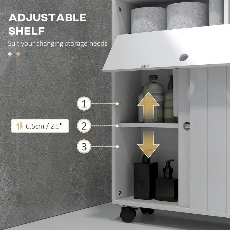 Painted Wood Slim Bathroom Storage Cabinet with Rolling Wheels & Paper Holes