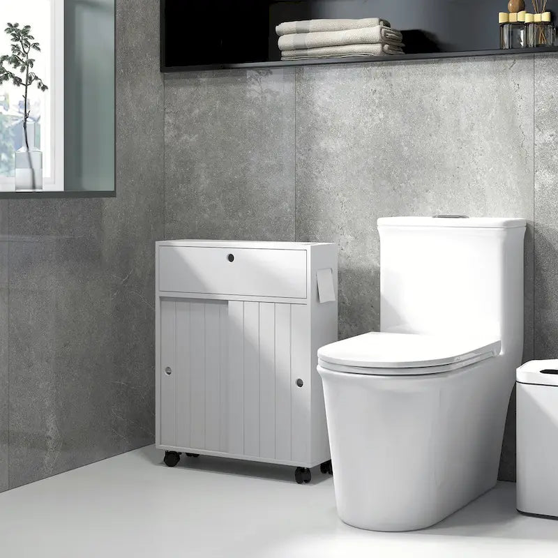 Painted Wood Slim Bathroom Storage Cabinet with Rolling Wheels & Paper Holes