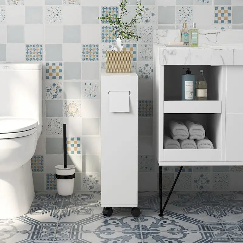 Painted Wood Slim Bathroom Storage Cabinet with Rolling Wheels & Paper Holes