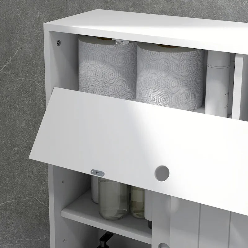 Painted Wood Slim Bathroom Storage Cabinet with Rolling Wheels & Paper Holes