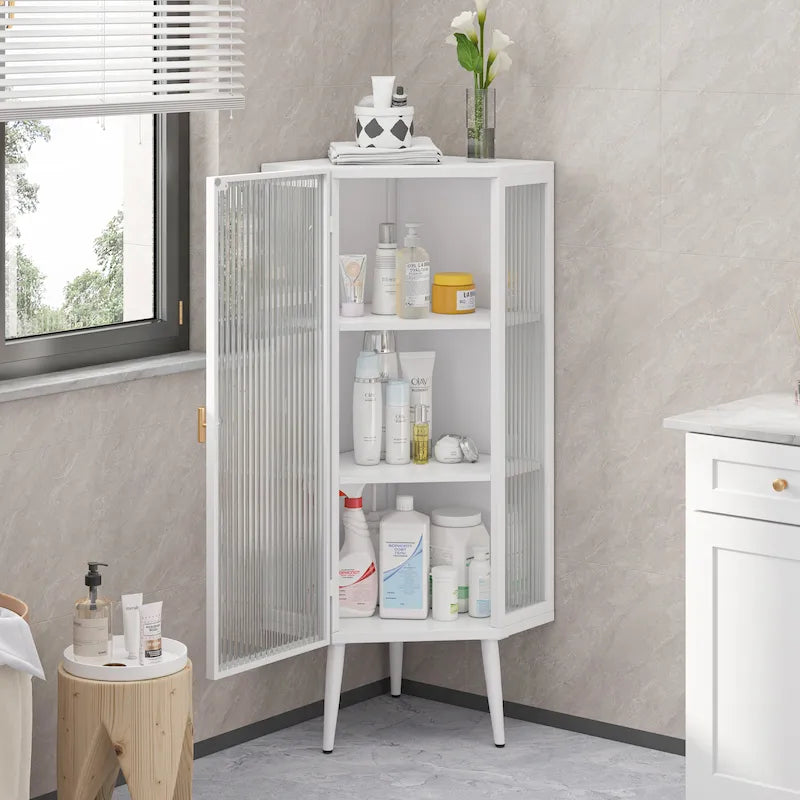3-Tier Iron & Tempered Glass Corner Cabinet with Door