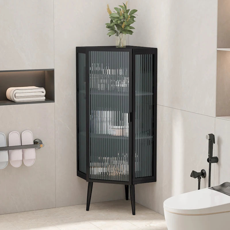 3-Tier Iron & Tempered Glass Corner Cabinet with Door