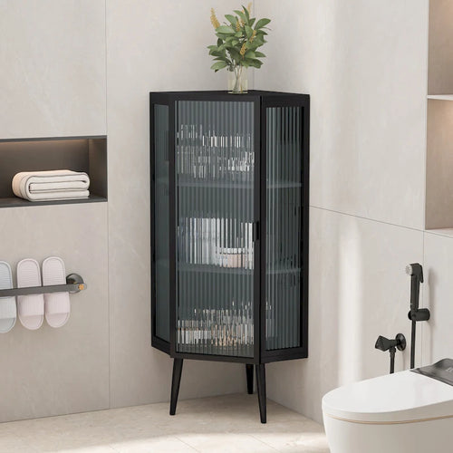 3-Tier Iron & Tempered Glass Corner Cabinet with Door