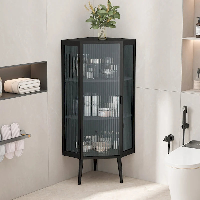 3-Tier Iron & Tempered Glass Corner Cabinet with Door