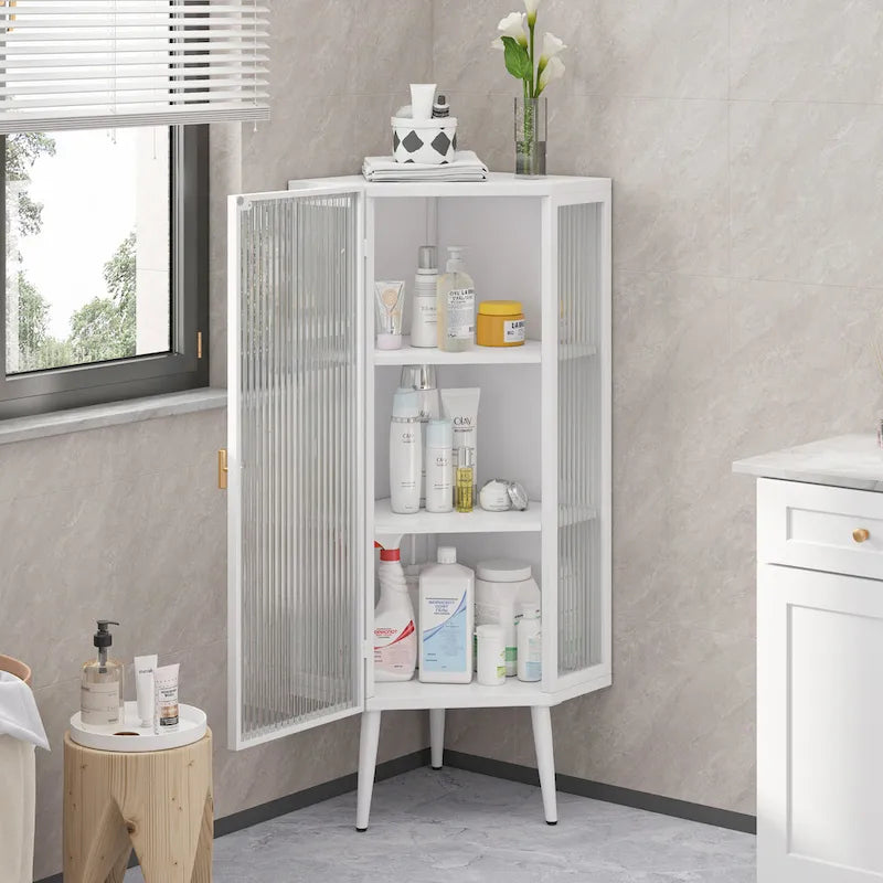 3-Tier Iron & Tempered Glass Corner Cabinet with Door