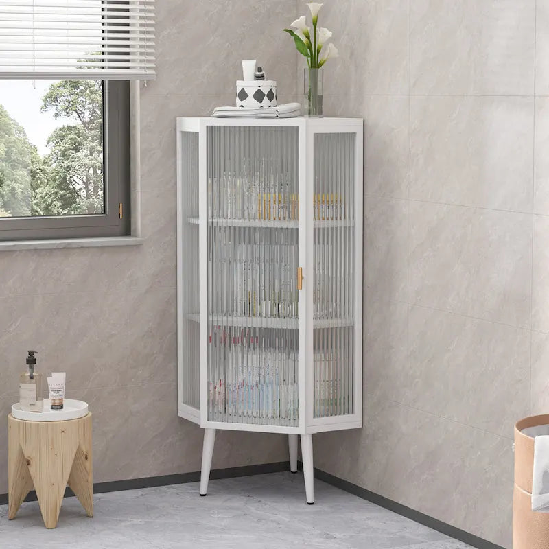 3-Tier Iron & Tempered Glass Corner Cabinet with Door