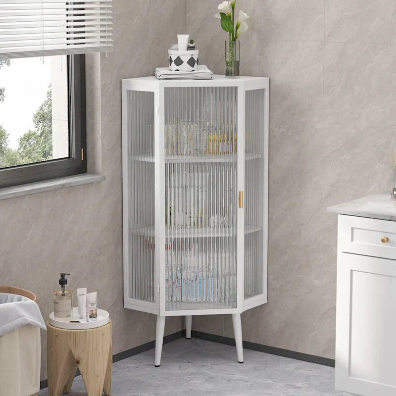 3-Tier Iron & Tempered Glass Corner Cabinet with Door