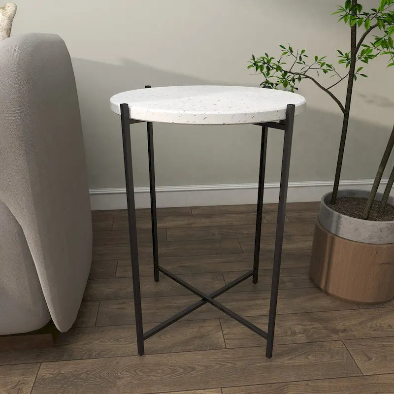 Terrazzo & Iron Round Accent Table with Black Metal Legs