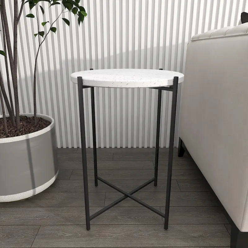 Terrazzo & Iron Round Accent Table with Black Metal Legs