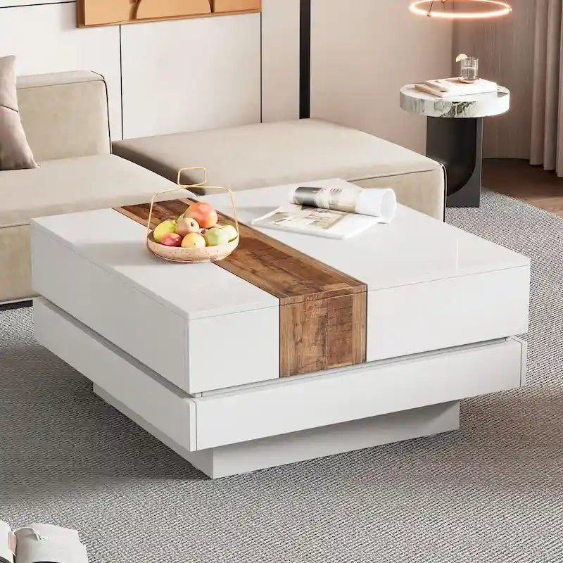 Wood Veneer Square Coffee Table with Extendable Sliding Top & Hidden Storage 31.4"