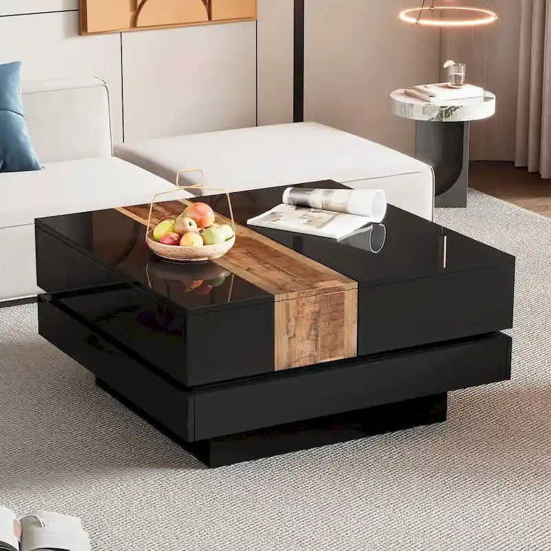 Wood Veneer Square Coffee Table with Extendable Sliding Top & Hidden Storage 31.4"