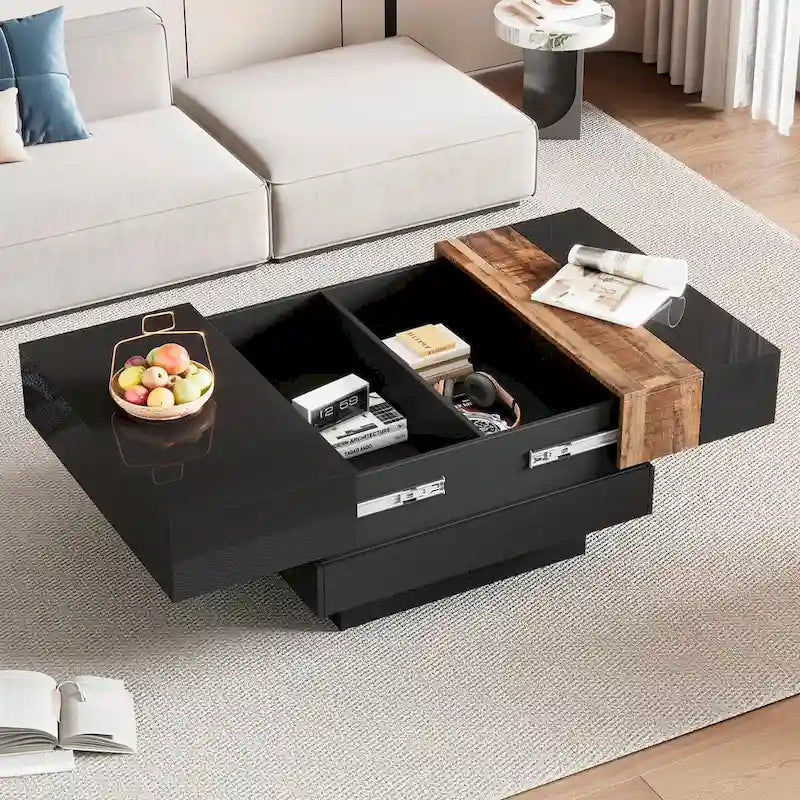 Wood Veneer Square Coffee Table with Extendable Sliding Top & Hidden Storage 31.4"