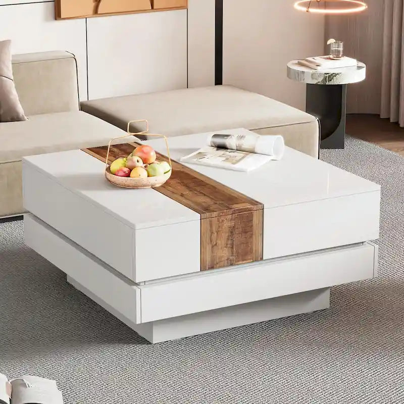 Wood Veneer Square Coffee Table with Extendable Sliding Top & Hidden Storage 31.4"