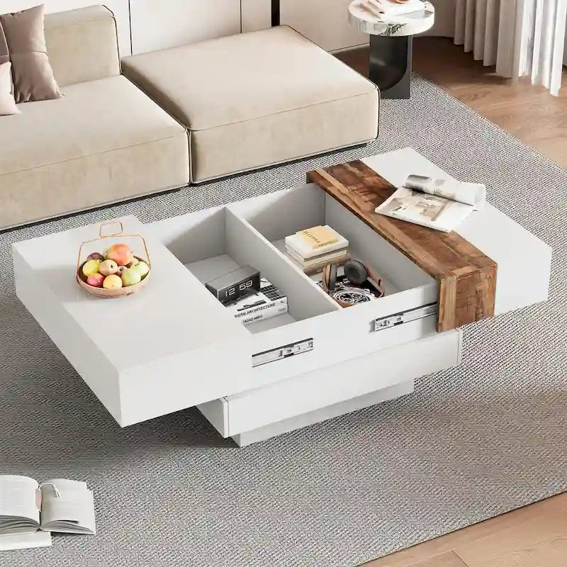 Wood Veneer Square Coffee Table with Extendable Sliding Top & Hidden Storage 31.4"