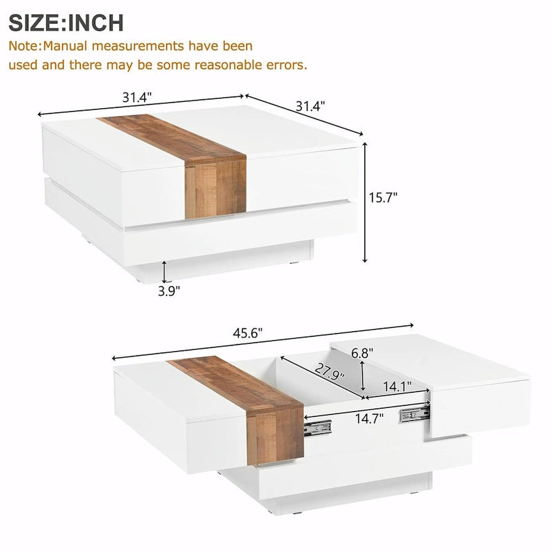 Wood Veneer Square Coffee Table with Extendable Sliding Top & Hidden Storage 31.4"