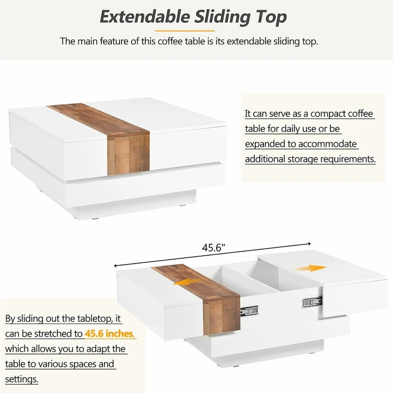 Wood Veneer Square Coffee Table with Extendable Sliding Top & Hidden Storage 31.4"