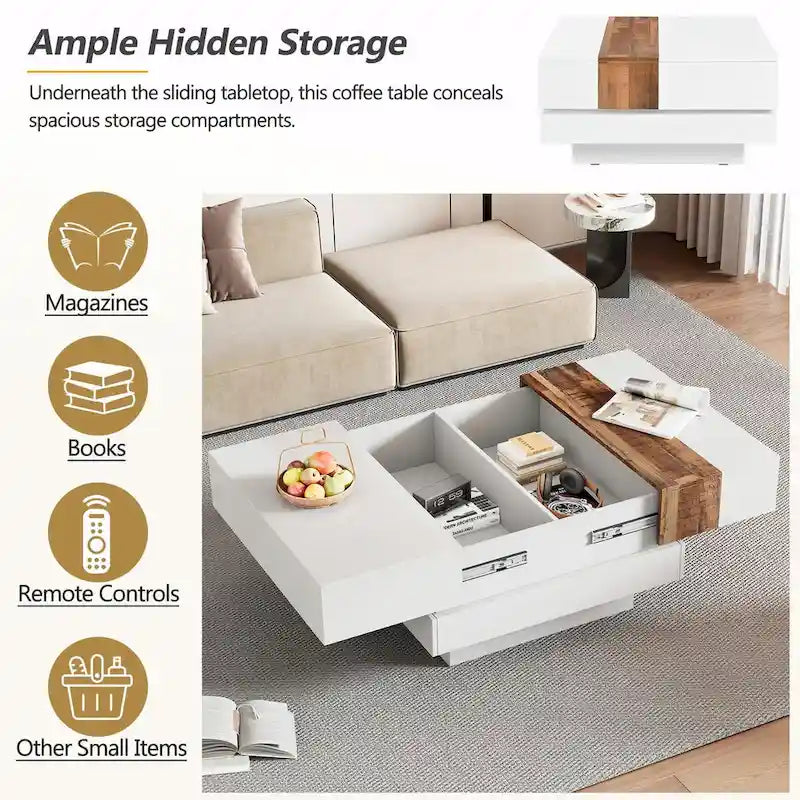 Wood Veneer Square Coffee Table with Extendable Sliding Top & Hidden Storage 31.4"