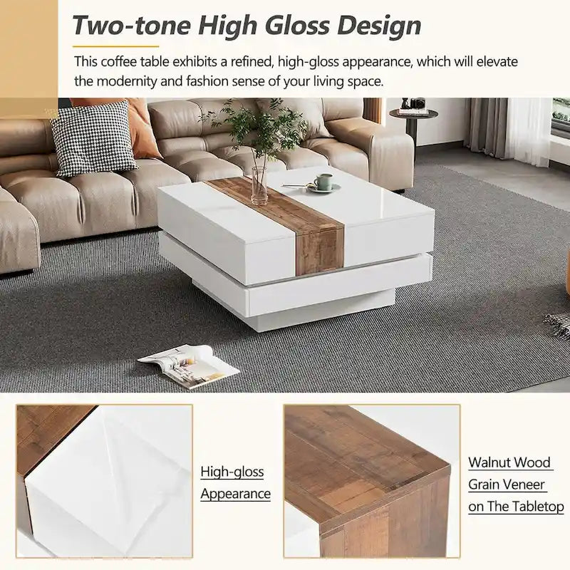 Wood Veneer Square Coffee Table with Extendable Sliding Top & Hidden Storage 31.4"