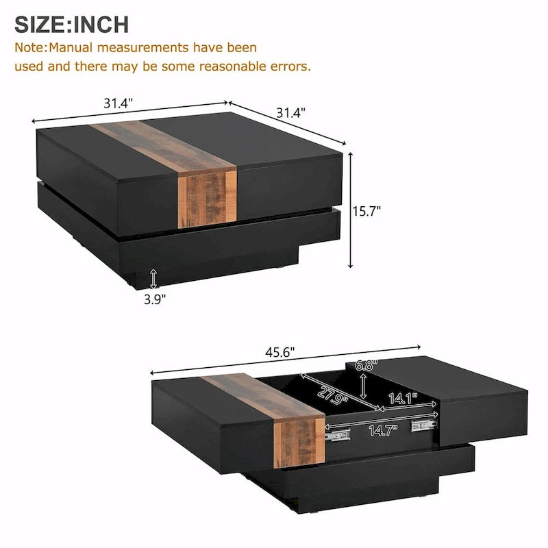 Wood Veneer Square Coffee Table with Extendable Sliding Top & Hidden Storage 31.4"