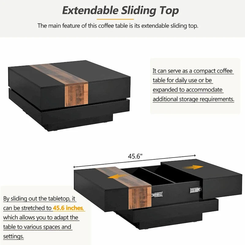 Wood Veneer Square Coffee Table with Extendable Sliding Top & Hidden Storage 31.4"