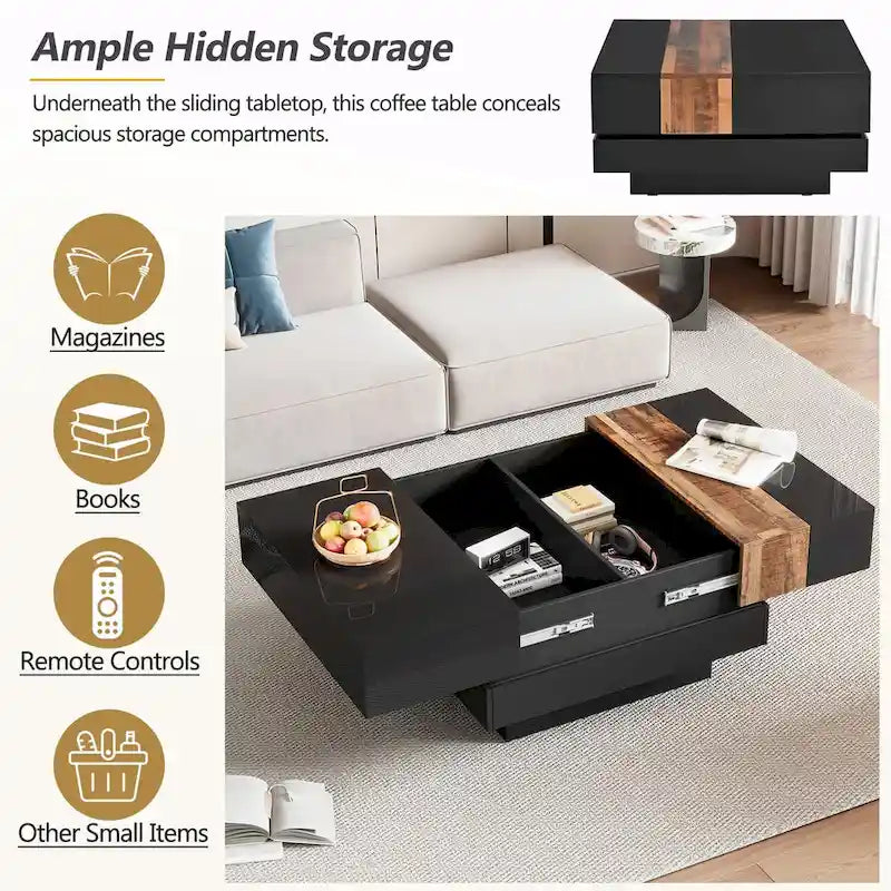 Wood Veneer Square Coffee Table with Extendable Sliding Top & Hidden Storage 31.4"