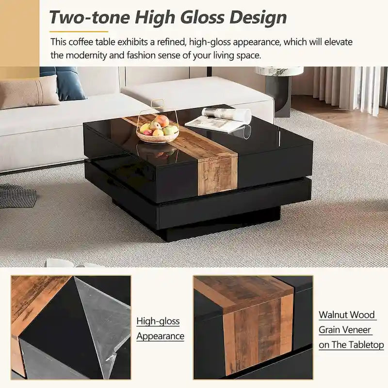 Wood Veneer Square Coffee Table with Extendable Sliding Top & Hidden Storage 31.4"